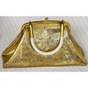 ✨RARE VINTAGE 1950s GOLD METALLIC CONFETTI GLITTER PEARL LUCITE HANDLE HANDBAG ✨